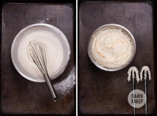 Para hacer galletas con relleno de chocolate a la fondant, mezcle la mezcla de harina en un bol y la mantequilla en el otro.