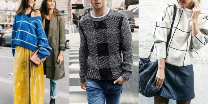 suéteres y chaquetas de punto de moda, 2018-2019: un modelo en una jaula