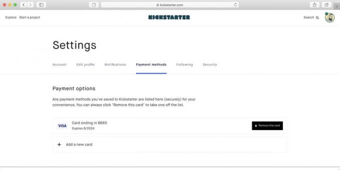 Cómo comprar en Kickstarter: entonces la tarjeta aparecerá en la lista de métodos de pago disponibles