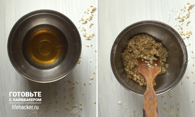 Barras de cuajada de nectarina: mezcle mantequilla y miel y agregue avena, harina y bicarbonato de sodio
