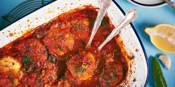 Bolitas de pescado en salsa de tomate con verduras