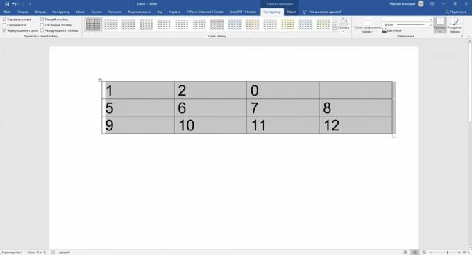 Cómo insertar una fórmula en Word: llenar una tabla con números