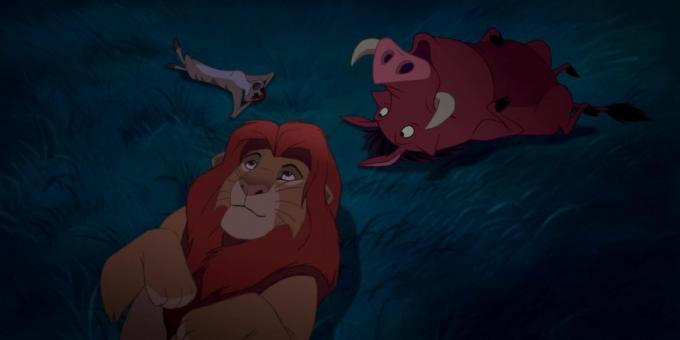 Dibujos animados "El Rey León": Simba, Timón y Pumba están bajo el cielo nocturno y piensan acerca de la naturaleza de las estrellas
