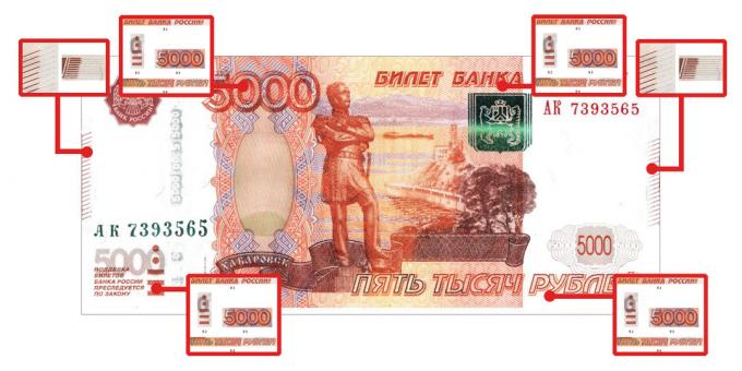 características de autenticidad que son visibles al tacto, a 5000 rublos: dinero falso