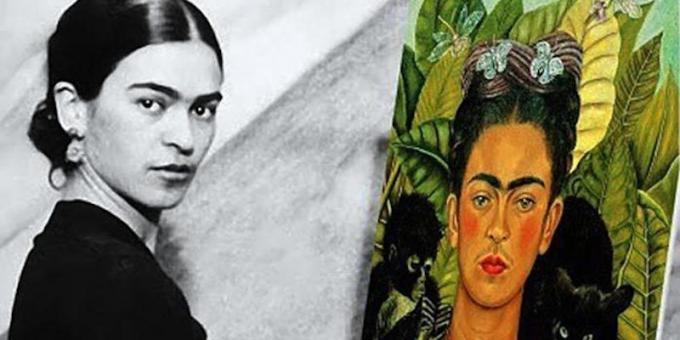 Frida Kahlo con su autorretrato