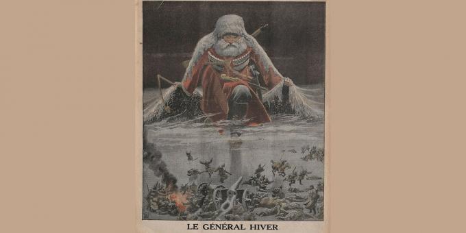 Historia del Imperio Ruso: "El general Winter avanza sobre el ejército alemán", ilustración de Louis Bomblay de Le Petit Journal, enero de 1916. 