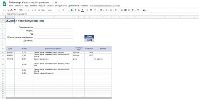 «Google Spreadsheets»: plantilla "registro de mantenimiento"