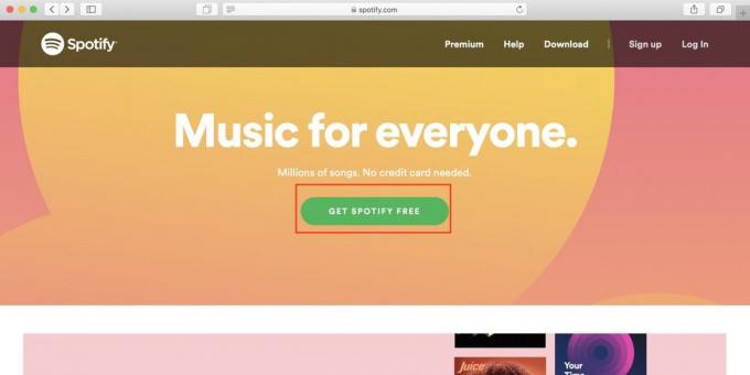 Cómo utilizar Spotify en Rusia: sitio web abierto Spotify y haga clic en el botón de Libre Spotify