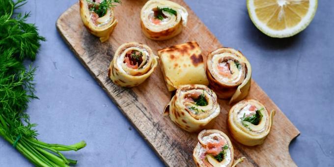 Tortitas en leche con pescado rojo, requesón y hierbas