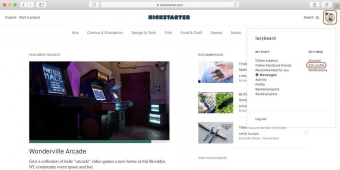 Cómo comprar en Kickstarter: haga clic en el icono de perfil y luego - en el enlace Editar perfil
