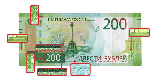 dinero falso: microimágenes en el lado frontal 200 rublos