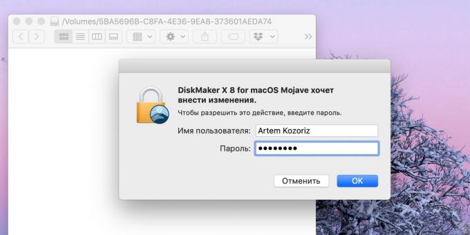 Como hacer una unidad flash USB de arranque con MacOS: introducir la contraseña de administrador