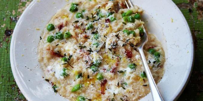 Receta para el risotto con guisantes, tocino y queso de cabra