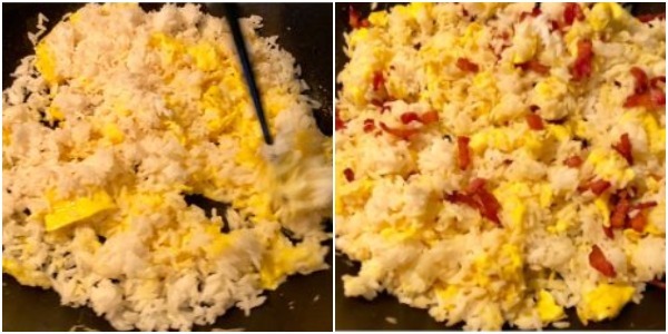 Cómo cocinar el arroz frito con huevo: Cuando se calienta el arroz, añadir el tocino, salsa de soja y la sal y mezclar bien