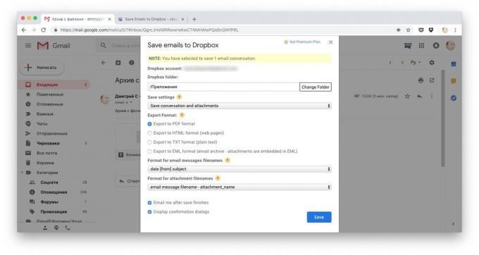 Maneras de descargar archivos a Dropbox: copiar toda la carta por Save correos electrónicos a Dropbox