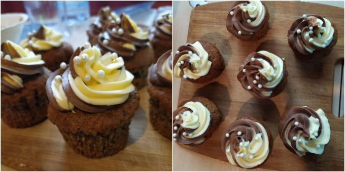 Cupcakes de chocolate y nueces con crema de leche condensada de dos tonos: una receta sencilla