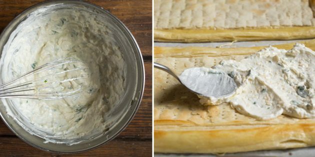 Tarta de queso feta: hacer crema de queso y untar sobre la masa