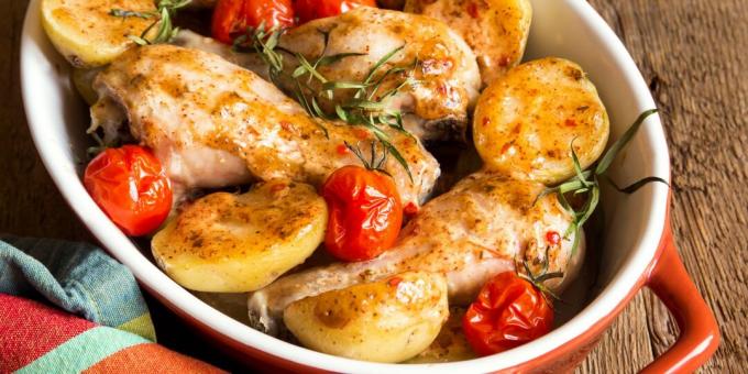 Pollo con patatas, cebollas y tomates al horno