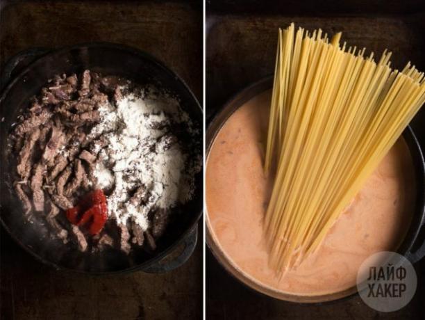 Pasta de Res en Salsa Crema de Tomate: Revuelva el contenido de la sartén y agregue los espaguetis