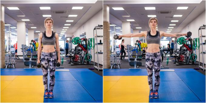 El entrenamiento en el gimnasio: Levantar las pesas a los lados