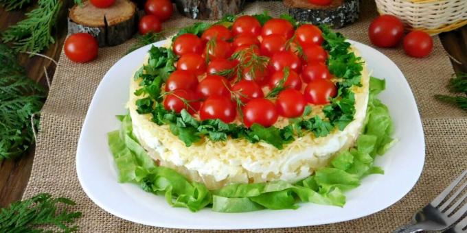 Ensalada en capas con pollo ahumado y tomates cherry