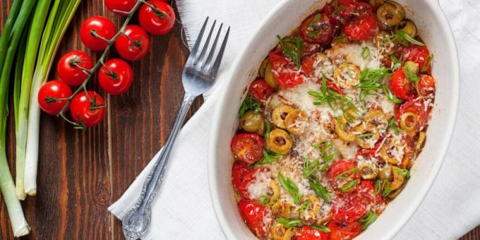 Filete de tilapia con tomates y aceitunas al horno