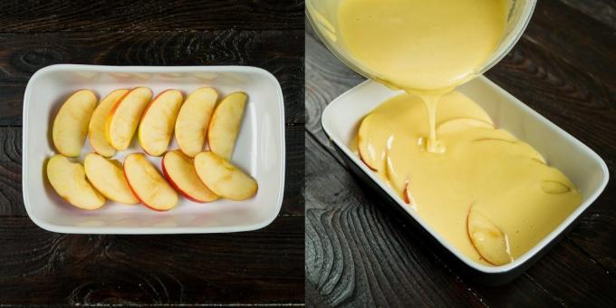 Un pastel sencillo: Colocar las manzanas y llenarlos con la masa