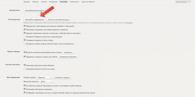 la configuración del navegador: Galleta en "Yandex. navegador "