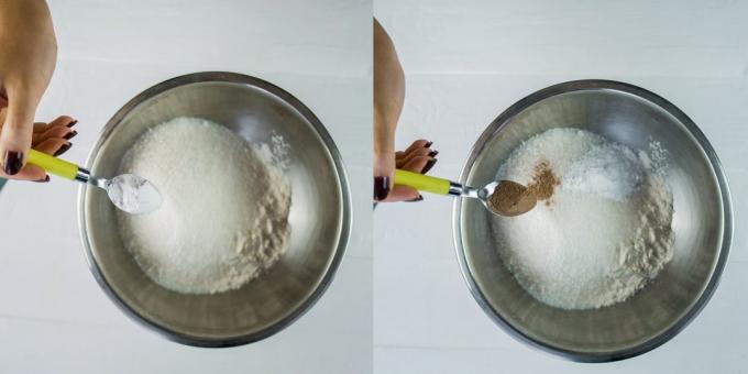 Cómo cocinar un pastel con las peras: Agregar la canela y el polvo de hornear