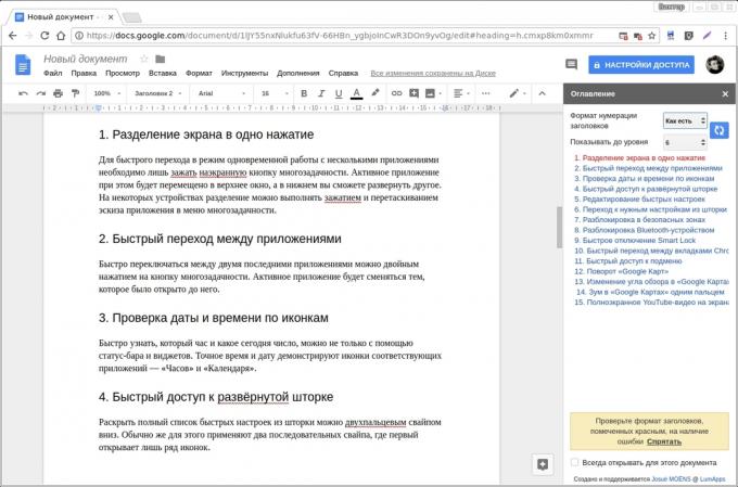 Google Docs complementos: Tabla de Contenidos
