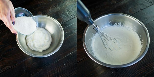 Clásico "Medovik" con crema agria: mezcle la crema agria y el azúcar en un recipiente hondo
