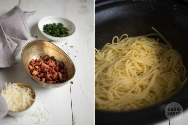 Cómo hacer pasta carbonara: saltear el tocino y hervir los espaguetis