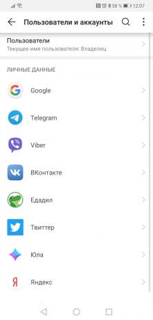 cuentas de la sección en Android